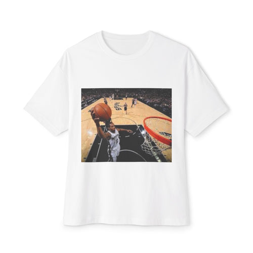 White t-shirt with a graphic of a basketball player dunking a ball on a court.